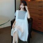 Short-sleeve Mock Two-piece Lace Panel Mini A-line Dress Gray & White - One Size
