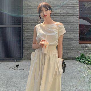 Plain One-shoulder Midi A-line Dress Milky White - One Size