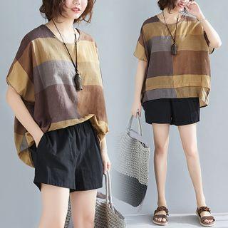 Color Block Short-sleeve Blouse As Shown In Figure - One Size