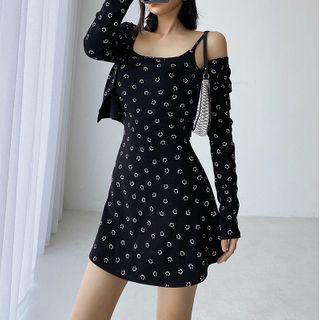 Set: Smiley Face Spaghetti-strap Mini A-line Dress + Cardigan