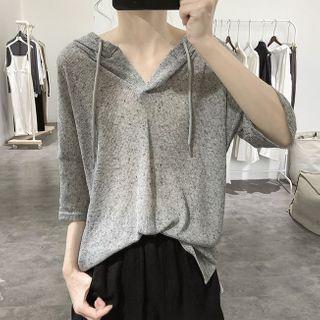 Plain Hooded Elbow-sleeve Knit Top