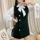 Set: Beribboned Blouse + Buttoned Vest Minidress Black - One Size