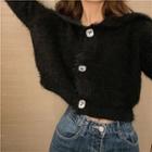Plain Crewneck Single-breasted Feather Long-sleeve Cardigan