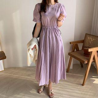 Puff-sleeve Pleated Midi Dress