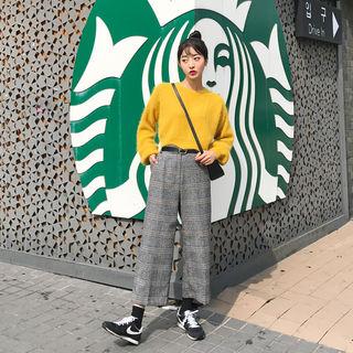 Band-waist Glen-plaid Wide-leg Pants