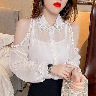 Beaded Cold-shoulder Blouse
