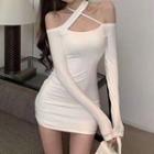 Long-sleeve Off Shoulder Plain Slim Fit Halter Dress