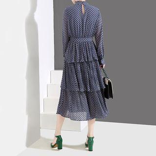 Dotted Long-sleeve Tiered Midi Dress Black - One Size