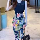 Set: Plain Tank Top + Fitted Floral Print Midi Skirt Tank Top - Black - One Size / Skirt - Pink Floral - Black - One Size