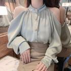 Cold-shoulder Plain Blouse Light Blue - One Size