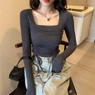 Long-sleeve Drawstring Shirred Plain Top
