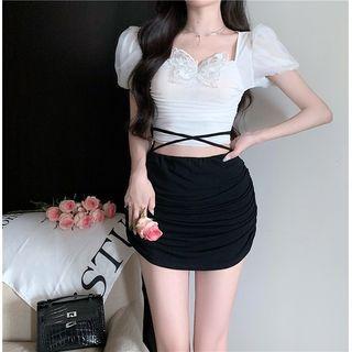 Puff-sleeve Butterfly Applique T-shirt / Shirred Pencil Skirt