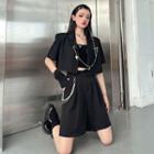 High-waist Shorts / Short-sleeve Cropped Blazer / Chain Brooch / Set
