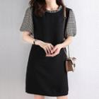 Puff-sleeve Houndstooth Panel A-line Dress