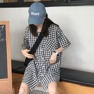 Floral Print Short-sleeve Shirtdress As Shown In Figure - One Size