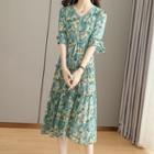 Elbow Sleeve Lace Trim Floral Print Midi Dress