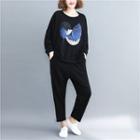 Set: Printed Pullover + Contrast Trim Straight-cut Pants Black - One Size