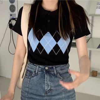 Argyle Short-sleeve Cropped Polo Shirt