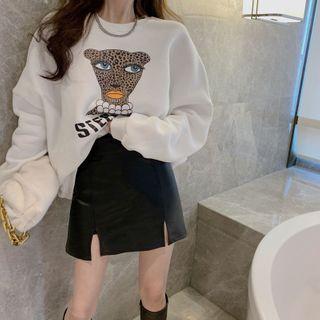 Lettering Print Sweatshirt / Faux Leather Mini Skirt