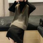 Oversize Knit Vest / Turtleneck Long-sleeve Midi Dress / Set