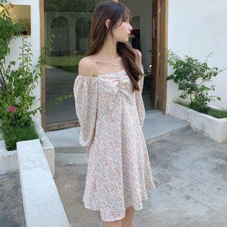 Cold-shoulder Floral Mini Smock Dress White - One Size