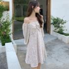 Cold-shoulder Floral Mini Smock Dress White - One Size