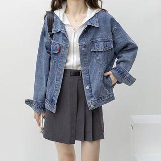 Long-sleeve Polo-collar Single-breasted Denim Jacket Blue - One Size