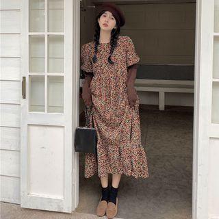 Mock Two-piece Puff-sleeve Floral Print Midi Dress Orange Floral - Brown & Black - One Size