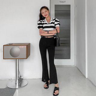 Puff-sleeve Cropped Stripe Polo Shirt One Size