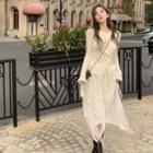 Bell-sleeve Ruffled Cardigan / Midi A-line Skirt / Set