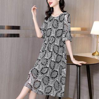 Elbow-sleeve Paisley Print Midi Smock Dress