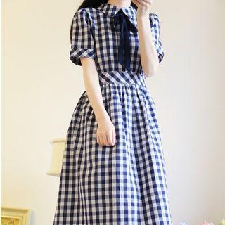 Checked Short-sleeve Midi Dress