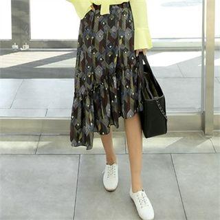Asymmetric-hem Frill-trim Pattern Long Skirt