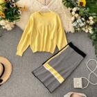 Set: Long-sleeve Knit Top + Midi Shift Skirt
