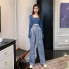 Knit Camisole Top / Light Jacket / Plaid Pants / Set