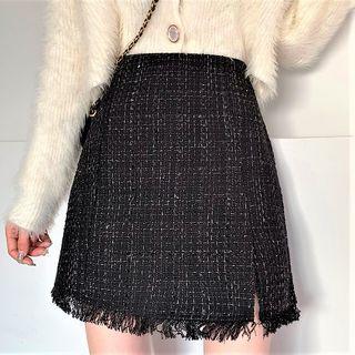 Fringed Trim Slit Mini A-line Skirt