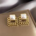 Sterling Silver Faux Pearl Braided Square Stud Earring 1 Pair - Gold & White - One Size
