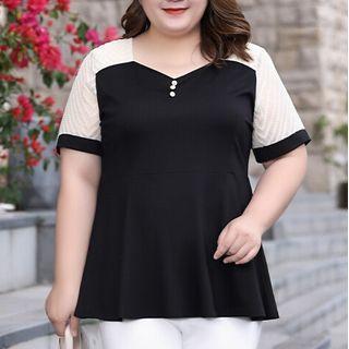 Plus-size Short-sleeve Two-tone Peplum Blouse