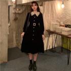 Long-sleeve Lace Collar Belted Midi A-line Dress