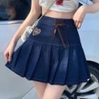 Bow Detail Denim Mini Pleated Skirt