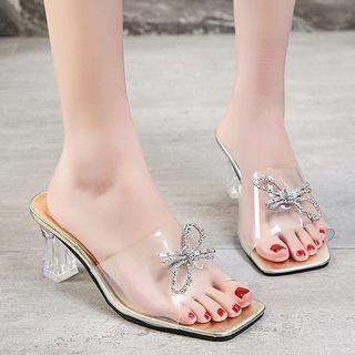 Block Heel Rhinestone Bow Pvc Panel Sandals