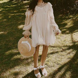 Long-sleeve Ruffle Trim Mesh Mini Dress