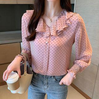 Long-sleeve Ruffled Polka Dot Chiffon Top