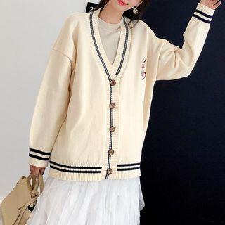 Contrast Trim Rabbit Embroidered Knit Cardigan