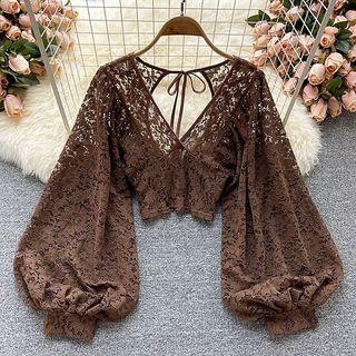 Puff-sleeve V-neck Perforated Lace Crop Top