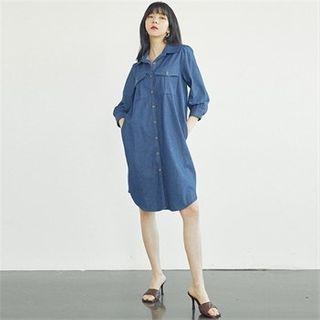 Flap-pocket Front Denim Shirtdress Blue - One Size