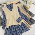 Set: Sweater Vest + Long-sleeve Plaid Mini Collared Dress