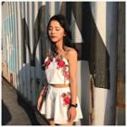 Set: Floral Embroidered Camisole Top + Wide Leg Shorts