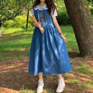 Short-sleeve Blouse / Embroidered Denim Midi Dress