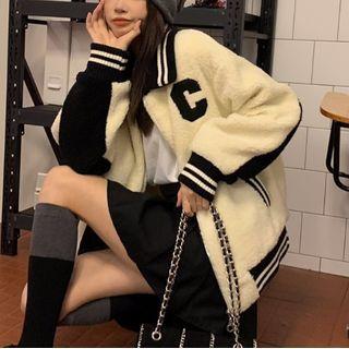 Lettering Collared Fleece Zip Jacket Milky White - One Size